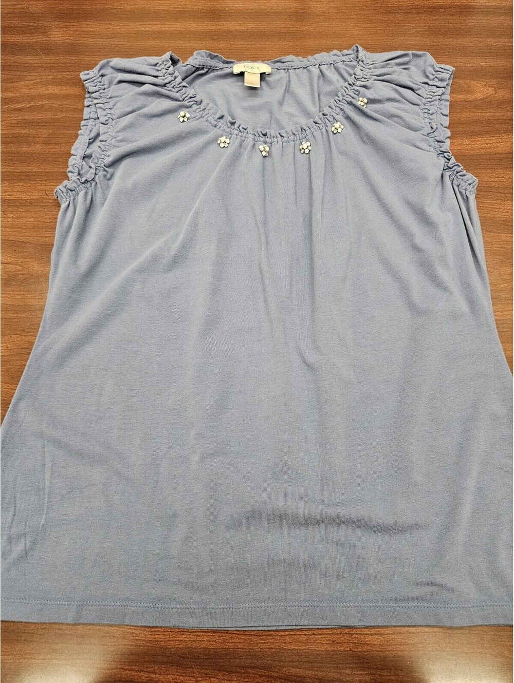 LOFT Women's XL Blue Sleeveless Blouse with Jeweled Neck Ruffle Corporate Core
